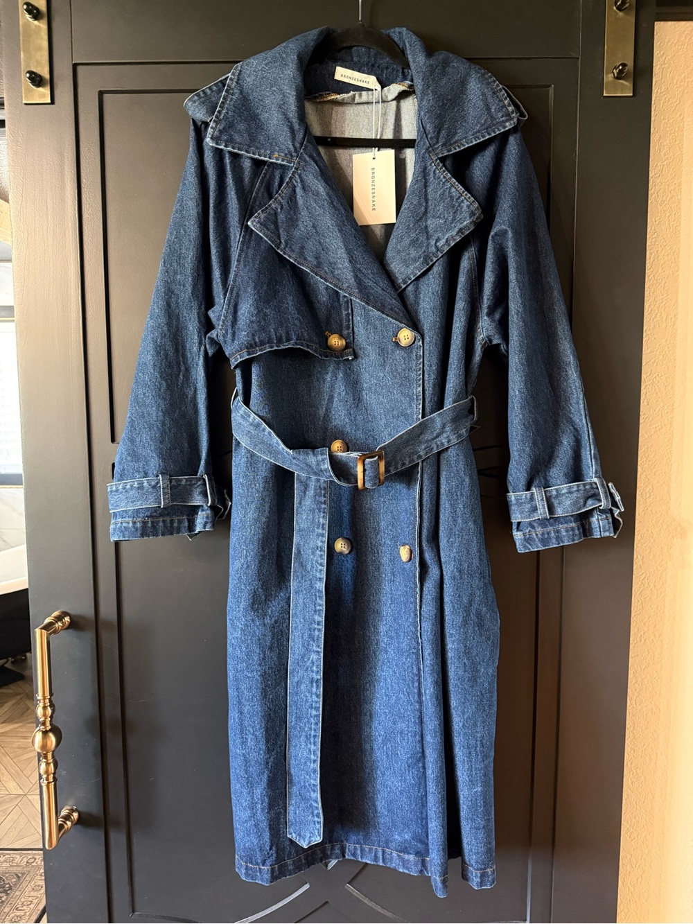 Denim Trench Coat with Belt - Dark Blue by BRONZESNAKE
